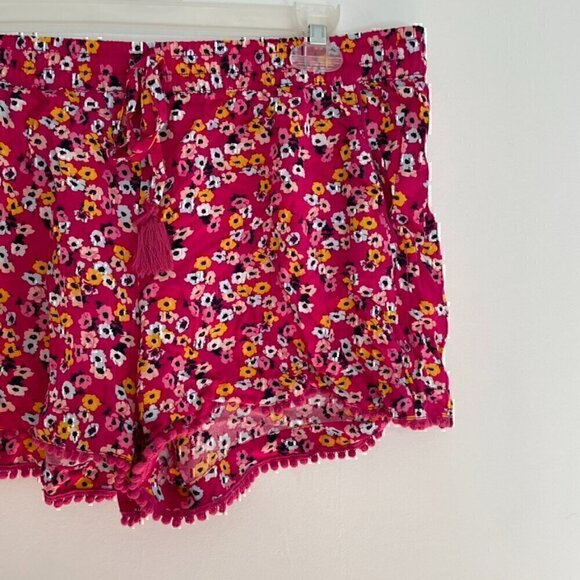 A.N.A Magenta Pink Blue Mustard Floral Pull On Drawstring Pom Pom Trim Shorts L - Picture 3 of 11